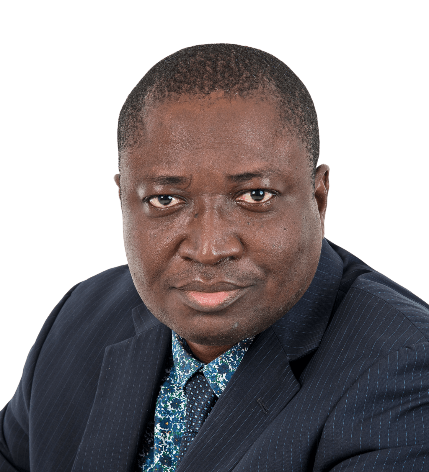 Oluwasegun Theophilus Oladimeji in a navy pinstripe suit
